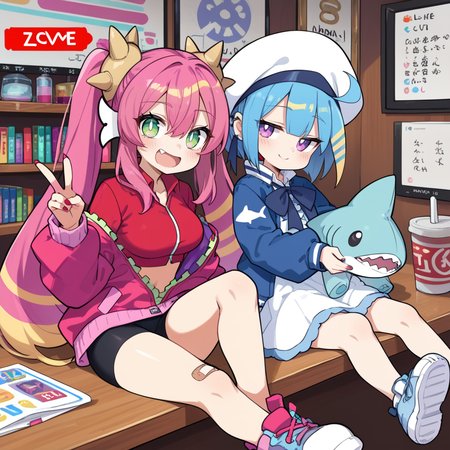 (score_9:0.9),score_8_up,score_7_up,rating_safe,(zPDXL3),sidelocks,parody,official art,2girls,full body,blush stickers,(livestream),sitting,table,teeth,sidelocks,sitting,table,
BREAK pink jacket,ka sikil,red cropped vest,red tail,hair ornament,medium breasts,v,looking at viewer,open mouth,fang,:d,pink sneakers,black bike shorts,bandaid on knee,
BREAK blue jacket,white dress,lil la,blue demon wings,white sailor hat,half-closed eyes,small breasts,stuffed shark toy,light smile,looking at viewer,blue sneakers,<lora:Live twin ponyXL v1:0.65>,