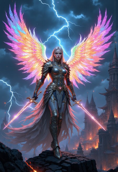 close up portrait of A  beautiful Asgardian warrior woman poses dynamically with glowing, ethereal wings arching from her back. The wings are large and feathered, radiating a mesmerizing glow that shifts from vibrant rainbow prismatic colours , as if woven from pure energy. Each feather appears semi-transparent, catching and reflecting light with a crystalline effect, casting a magical aura. Her wings pulse gently with a mystical light, accentuating her fierce, otherworldly presence. Dressed in ornate, silver Asgardian armor with intricate engravings, she holds a mighty prismatic sword, pointing her sword at the viewer, while her other hand rests confidently on her hip,  background of  a dramatic fantasy godlen city under a stormy sky, illuminated by flashes of lightning. The overall scene is majestic, with an aura of ancient power and celestial beauty
<lora:FluxMythP0rtr4itStyle:0.6> mythp0rt <lora:FLUX-daubrez-DB4RZ-v2:0.3> DB4RZ, glow effects, godrays, Hand drawn, render, 8k, octane render, cinema 4d, blender, dark, atmospheric 4k ultra detailed, cinematic, Sharp focus, big depth of field, Masterpiece, colors, 3d octane render, 4k, concept art, trending on artstation, hyperrealistic, Vivid colors, extremely detailed CG unity 8k wallpaper, trending on CGSociety, Intricate, High Detail, dramatic <lora:anime_martzv2:1> .intricate, detailed . magnificent, celestial, ethereal, painterly, epic, majestic, magical, fantasy art, cover art, dreamy