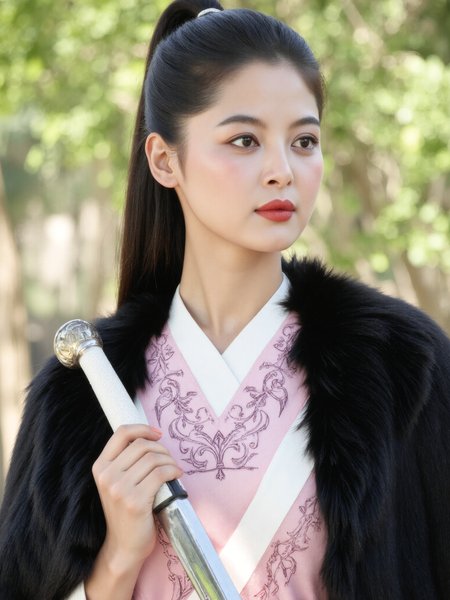 This is a high-resolution photograph featuring a young Asian woman with fair skin and delicate features, standing outdoors against a softly blurred natural background. Her long, straight black hair is tied into a high ponytail, secured with a small, decorative hairpin. Her expression is contemplative, her gaze directed slightly to the right.

She is dressed in a traditional Chinese outfit, wearing a black, luxurious fur-trimmed cape over a pale pink and white robe adorned with intricate embroidery. In her right hand, she holds a long, elegant sword with a white handle and a polished silver blade, the weapon resting naturally at her side.

The lighting is soft and natural, likely from the sun, casting gentle shadows across her serene face and bringing out the textures of her clothing and the sheen of the blade. The composition follows the rule of thirds, positioning the subject slightly off-center to the right, creating a balanced and visually compelling image.


