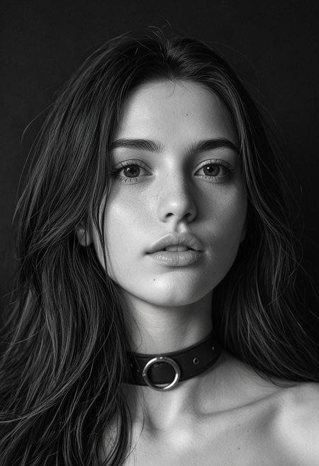 score_9, score_8_up, score_7_up BREAK
(portrait shot, close up)
1girl, long hair, pale lips, choker.
((black and white:2))