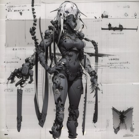 monsters-creatures, cyborg girl <lora:epiNoiseoffset_v2:1.3>, <lora:blameLora_v10:1>, heavy black and white, (((concept art, drawing, sketch, Undd, solo))), <lora:Undead Nirasawa II:0.6>,