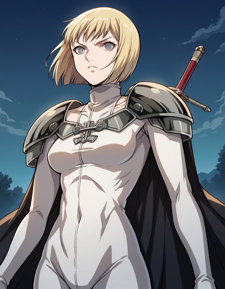 score_9, score_8_up, score_7_up, source_anime,
claymoreclaire, <lora:claymore-claire-s1-ponyxl-lora-nochekaiser:1>,
claire, short hair, blonde hair, grey eyes, bob cut, pale skin, white skin, ringed eyes,
weapon, sword, cape, armor, bodysuit, shoulder armor, pauldrons, shoulder pads,
outdoors, night, landscape, fighting stance,
solo, looking at viewer, cowboy shot, dutch angle,