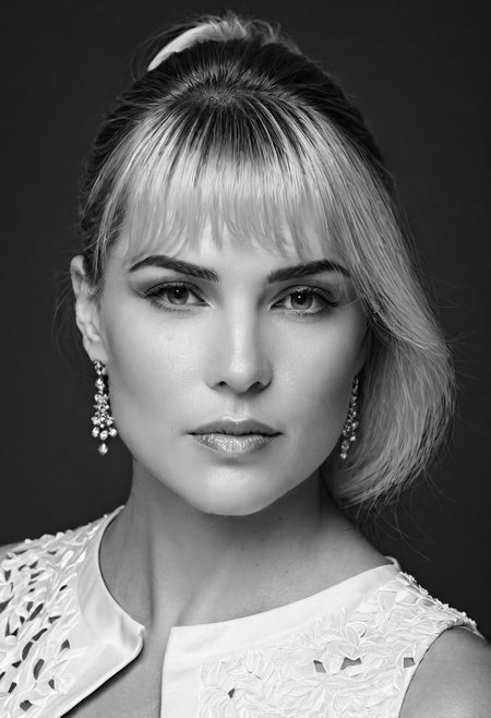 A striking monochrome portrait of a high-fashion model captured in a classic, Vogue-inspired photoshoot. The image focuses on her upper body, showcasing sharp bone structure and flawless skin illuminated by dramatic, high-contrast lighting. Shadows and highlights play artfully across her face. Her gaze is powerful and direct, exuding confidence and sophistication, with slightly parted lips that add a touch of allure.
Her hair is styled sleekly back, drawing attention to her expressive features and creating a sculpted silhouette against a soft, shadowed background. She wears minimal accessories - perhaps a single, elegant earring catching the light adding sophistication without distraction. The monochrome palette enhances the texture and contrast, giving her skin a smooth, almost ethereal glow, while the deep shadows add depth and mystery. The overall composition feels timeless and refined, embodying classic beauty and editorial poise with a touch of modern edge.. backinblack, grayscale, monochrome