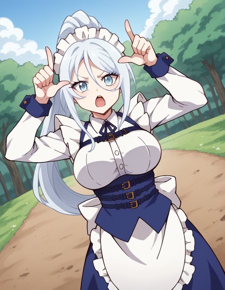 score_9, score_8_up, score_7_up, source_anime, <lora:sylpha-langlis-s1-ponyxl-lora-nochekaiser:1>, sylpha langlis, long hair, blue eyes, hair between eyes, ponytail, white hair,, large breasts, apron, maid, maid headdress, maid apron, frills, long sleeves,, bike ride, countryside, dirt road, trees, afternoon sun, peaceful, alone, , <lora:horns-pose-ponyxl-lora-nochekaiser:1>, horns pose, index fingers raised, angry, steam, open mouth, shouting, anger vein,, looking at viewer, solo,, dutch angle, cowboy shot