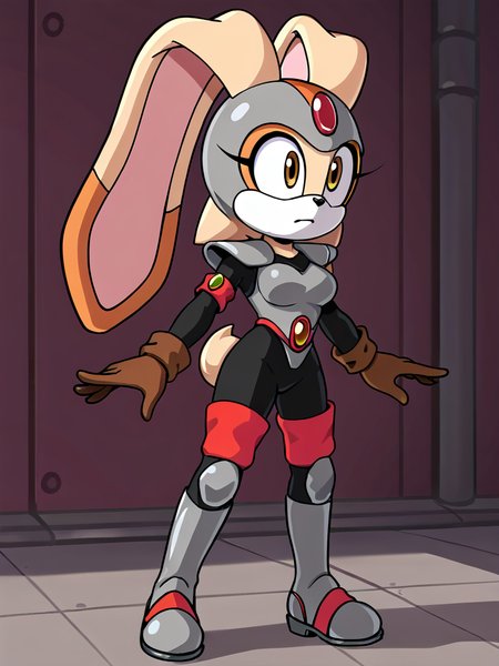 score_9, score_8_up, score_7_up, <lora:Cream_the_Rabbit_Pony:0.8> cre4mth3r4bb1t, Furry, furry female, animal ears, animal nose, rabbit ears, rabbit girl, tail, brown gloves, multicolored fur, <lora:JennyBOHXL:0.7> JennyBOHXL, anthro furry, long hair, grey helmet, forehead red jewel, medium breasts, grey armor, red jewel, shoulder armor, black bodysuit, armlet, guantlets, black gloves, armored boots