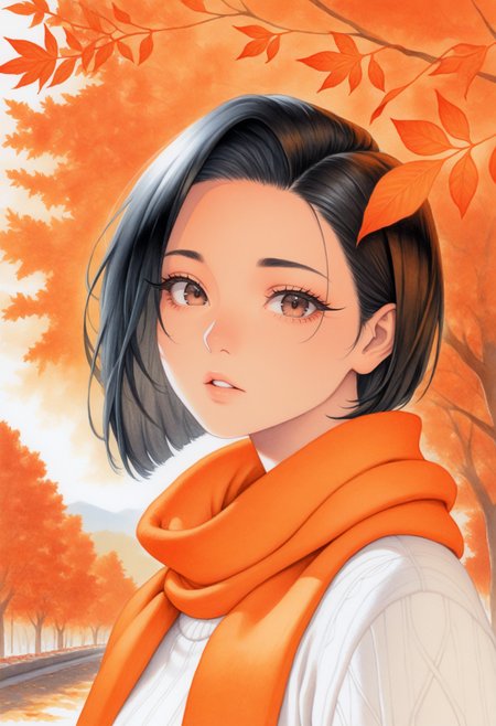 masterpiece, best quality, 1girl, solo, brown eyes, black hair, short hair, asymmetrical bangs, traditional media, (realistic:0.5), watercolor /(medium/), orange scarf, white sweater, parted lips, looking at the viewer, outdoors, autumn, orange theme, windy, long eyelashes, leaves <lora:ChamYamadaSanaeNoob:1>