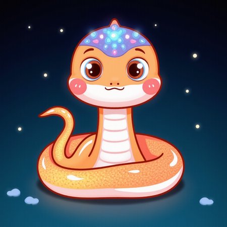 shebaobao, neouv, a cartoon baby snake with glowing illuminated iridescent scales.  <lora:shebaobao_flux_snake_Cartoon_v2.safetensors:1.0>