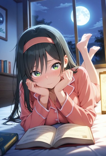 masterpiece,best quality,amazing quality, amagami yae, long hair, black hair, green eyes, 1girl, solo, lying, blush, moon, book, barefoot, on stomach, night, indoors, window, looking at viewer, pajamas, hairband