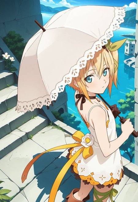 detailed eyes, beautiful, detailed background, perfect eyes,
source_anime, very aesthetic, anime coloring,
<lora:HandFineTuning_XL:1>
BREAK,
outdoor, ruins, trees. stairs,
cowboy shot, flat chest, 
dynamic angle, full body, from behind, looking back, from above,
BREAK,
<lora:edna_illustrious_v01:0.9>
ednabase, short hair, blonde hair, multicolored hair, orange hair, blue eyes, hair between eyes, bow hairband, hair bow, hair ribbon, side ponytail,
white dress, sleeveless dress, single glove,
boots, leg ribbon, umbrella, two white flowers,