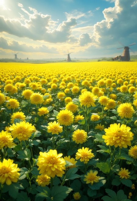 detailed background, from above,( Calm spring morning landscape), beautiful view, Flower Field, canola flower in full bloom, canola flower, early morning, sunrise sky, beautiful clouds, dappled sunlight, 
I can see a windmill in the distance, 
depth of field, masterpiece, best quality, ultra-detailed, very aesthetic, illustration, perfect composition, intricate details, absurdres, moody lighting, wisps of light, no humans,