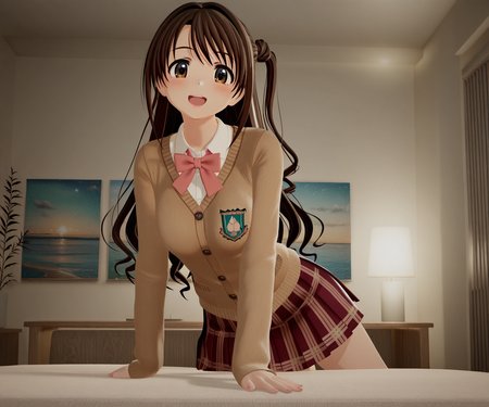masterpiece, best quality, amazing quality, , 1girl, solo, looking at viewer, shimamura uzuki, cardigan, shirt, skirt, smile, open mouth,  <lora:New Kizuna AI ILL-v2:1> newkizunaai, 3d,