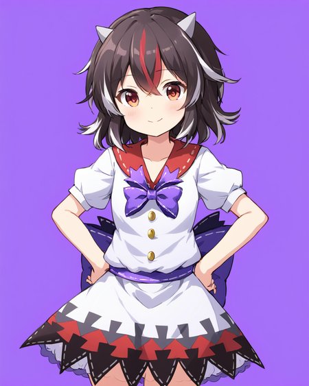 kijin seija,1girl, solo, horns, smile, purple_bowtie, purple_background, hand_on_hip, closed_mouth, simple_background, index_finger_raised, arrow_\(symbol\), looking_at_viewer, white_skirt, standing, buttons, cowboy_shot, white_shirt, blush, puffy_short_sleeves, white_dress, multicolored_skirt
<lora:kijin_seija_image4523_2023-12-20-000008:1>,star-shaped_pupils,symbol-shaped_pupils,. gorgeous,key visual, vibrant, studio anime,award-winning, professional, highly detailed,high budget, cinemascope