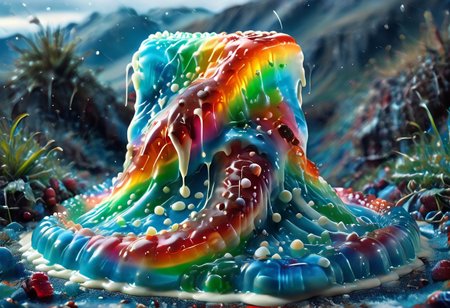 high quality, (Domination of the blue color:2), Jellystyle, stone bridge<lora:bad_prompt_version2-neg:1> <lora:By bad artist -neg:1>  <lora:Jelly_Style:1> (rainbow color grading:1.5). (Icing milk:2). (Sugar coating :1). berry made of jelly. River of milk. ais-chocsauce Mountains. Crystallized Sugar Rain. The floor is covered with honey. Multi-colored Jellystyle cat.
(Fish) Made of gum with glowing precious stones is shown into the jello realm. From the right of the frame, the Jellystyle cat.
CastleBreizh XL Mk8 on the left.
Asymetric composition, dynamic pose, field of depth, grass in the foreground. Close-up view from below.