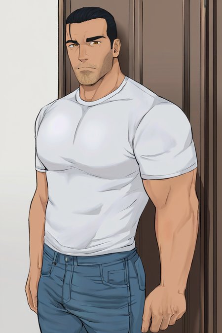 masterpiece, best quality, highres, newest, frankcastle, 1boy, solo, male focus, mature male, short hair, black hair, hair slicked back, brown eyes, thick eyebrows, facial hair, stubble, looking at viewer, muscular male, white shirt, t-shirt, short sleeves, blue pants, denim, jeans, arms at sides, standing, cowboy shot, indoors, concrete <lora:Frank Castle - The Punisher (2005) from Video Game v1.0 BETA [LoRA] - NoobAI-XL EPS 1.0:0.8>