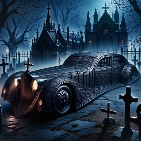 masterpiece,high resolution,detailed,
gothicstyle, ground vehicle, motor vehicle, car, tree, vehicle focus, bare tree, cross, night, church, graveyard,  fence, cape
, <lora:Ghotic_haunted_world:0.8>