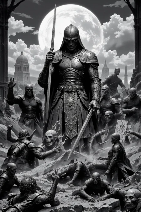 terror horror fantasy landscape, graveyard, comics, very detailed medieval warrior  holding a sword fighting against a group of esquletons, vampires and monsters, (multilayer paint splash style),  <lora:Hand v2:1> <lora:Anti-Blur:1> <lora:Insane Detail Slider:0.5>   <lora:Flux.1_Turbo_Detailer:0.6>   <lora:flux-photo-transparent_Alpha_1.0:0.8> <lora:flux.1_lora_flyway_Epic-detail_v2:1>   <lora:FluxMythP0rtr4itStyle:0.8> mythp0rt <lora:zy_Dark_Fantasy_Flux:0.5> <lora:Wraith_BW_Flux:0.2> B&W