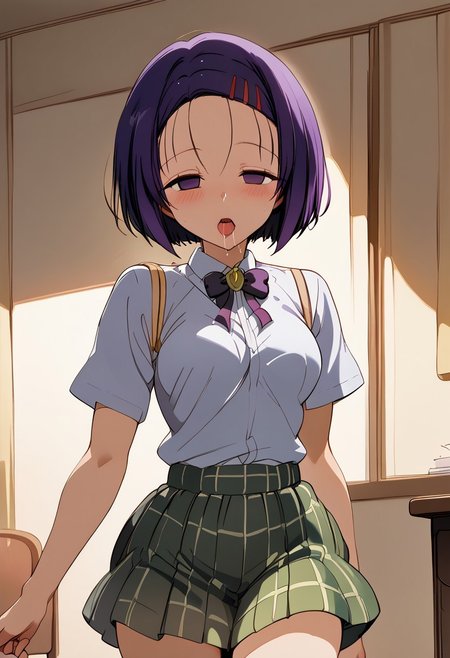 score_9, score_8_up, score_7_up, source_anime, cutest girl in the world, beautiful, masterpiece, best quality, rich colors, soft warm lighting,
1girl, 1boy, distant perspective from the professor’s point of view, capturing more of the classroom setting, Haruna Sairenji standing at a desk, Sainan  uniform with a green plaid skirt and partially unbuttoned short-sleeved blouse , hypnotized expression with a seductive gaze and slightly sticking out her tongue, hands holding notebook loosely,
BREAK,
Haruna Sairenji, purple eyes, purple short hair with swept bangs and a hairclip, forehead visible, green plaid skirt, short-sleeved blouse slightly unbuttoned,  uniform, her expression is alluring with a hint of seduction due to being hypnotized, soft blush on her cheeks, saliva, white panty, white bra, sexy,
BREAK,
1boy, a heavyset man in a suit, standing at a noticeable distance but still close enough to Haruna to create a subtle feeling of tension and allure in the atmosphere,
BREAK,
empty classroom setting, more of the room visible with desks and chairs, warm light streaming through the windows, creating a soft glow around the room, gentle shadows enhancing the sense of tension and intimacy,empty eyes,half-closed eyes
