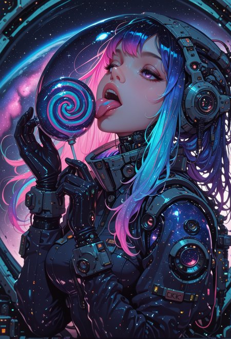<lora:ck-nc-cyberpunk-IL-000011:1>,  masterpiece, best quality, good quality, very aesthetic, absurdres, newest, 8K, depth of field, focused subject, 1girl, science-fiction, floating, space, licking, lollipop, sexy space suit, stars, nebula, galaxy, swirl, neon hair, long hair,
 in the style of cknc
 <lora:MoriiMee_Gothic_Niji_Style_Illustrious_r1:1>