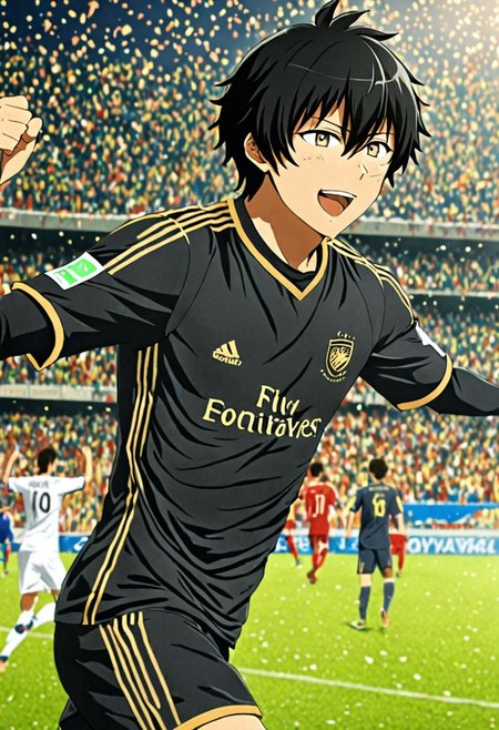 high resolution, solo, best quality, 1Boy, Seiya Kanie, black hair, short hair, thin, soccer player, field, portraits, sport photography, celebration, OverallDetail