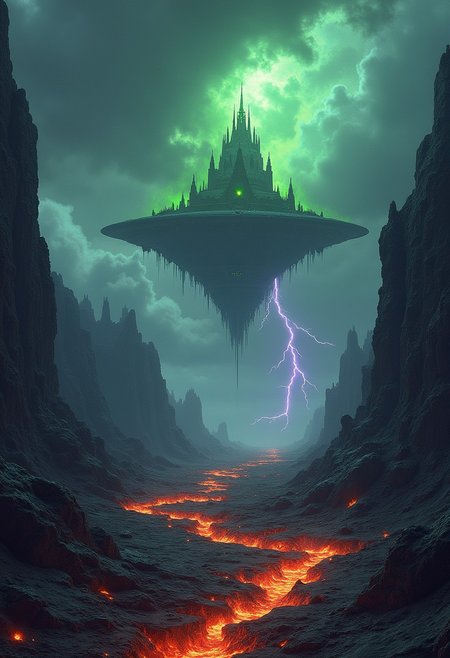 An ominous wasteland under a ghostly sky, with molten cracks in the earth and jagged obsidian monoliths pulsing dark energy. A colossal floating fortress looms in the distance, crowned with green flames, as violet lightning splits stormy clouds. Ash and embers swirl through the air, runes glowing on the ground, radiating ancient malevolence