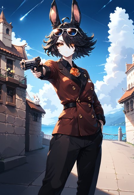 safe_pos, score_9, score_8_up, score_7_up,itzah,
BREAK,rabbit girl,monster girl,dark sclera,(flat breasts),mature woman,expressionless,short black hair,hair over eye,messy hair,(black fluffy rabbit ears:1.3),(pale skin),orange eyes,rectangular sunglasses,(double-breasted suits),black pants,dutch angle,mansion scenery,outdoors,hallway,(imposing vibes),night time,dynamic lightning,(slender figure),holding weapon, holding gun, handgun, hand in pocket, aiming