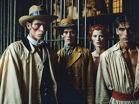 (a group of (white) western (caucasian) anthropophagic natives in formal clothing (exposed in a zoo cage) at the 1931 paris (colonial exposition)), masterpiece, photo ,  pathe film,  ((epic)), ((((cinematic)))), dark fantasy, ultra realistic highly detailed intricate photorealistic analog style photograph, lansdcape, colossal, the end of the world,  sharp focus on eyes, (looking at the camera), dramatic lighting, by Jeffrey Catherine Jones and  by Louise Catherine Breslau and by alphonse mucha and by egon schiele