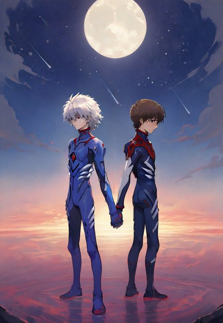 masterpiece, best quality, very aesthetic, moon ,full moon, standing back to back,masterpiece, best quality, very aesthetic, evangelion, ((2boys)), shooting stars,duo,interacting, holding hands
BREAK
 shinji ikari, short hair, brown hair, blue eyes, 
BREAK
 kaworu nagisa, white hair, red eyes