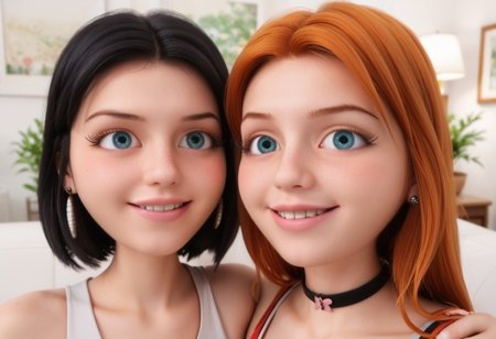 score_9, score_8_up, score_7_up, score_6_up, 
2girls, sitting together, on a couch, (leaning against each other, head on shoulder, cheek to cheek:1.4),
1girl, Sabrina Raincomprix, long hair, orange hair, freckles, earrings, white blouse, choker, 
1girl, Marinette Dupain-Cheng, long hair, black hair, earrings, red blouse, choker, 
perfect eyes, real skin, amateur, photo, solo, perfect face, perfect eyes, sexy, beautiful eyes, petite body, 
masterpiece, best quality, amazing quality, 
heavy blush, thick dark eyelashes, tiny body,
(skinny girl), on a couch, family home, living room, wall pictures, plants,
blurry background, lot of people in background, shy expression, depth of field, volumetric lighting, biting lips, vibrant colors, intricate details, 
smiling, teeth, arms crossed, close up on face, real skin,