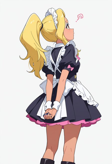 Smooth Quality,masterpiece,very intricate, high quality details, ultra realistic, high detailed skin,detailed enviorement,absurdres,
 <lora:Gotou_Shino_Shiipon_CNR:0.8> gotou_cnr, blonde hair,long hair, ponytail, brown eyes, dark-skinned female, mole, nail polish, eyeshadow,gotou_maid_cnr,maid, maid headdress, maid apron,black dress, short dress,puffy short sleeves, boots, frills,pink bowtie,, simple background, white background, from behind,solo,
standing, arms behind back, looking up, calm expression, relaxed posture,  ,, @ @,