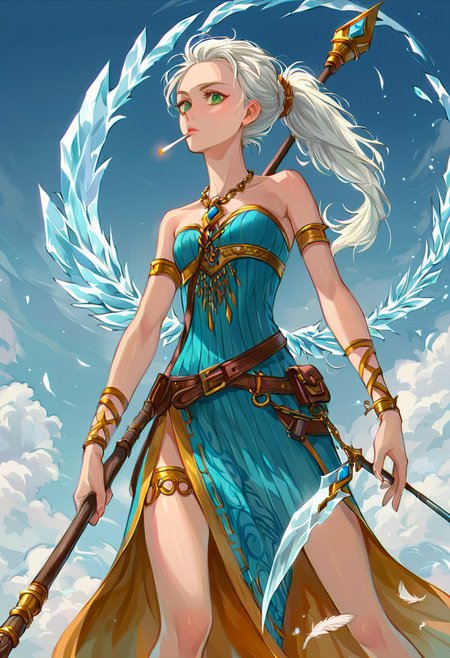 (score_9, score_8_up:1.1), score_7_ up, highly detailed, , zPDXL, ((1 girl,)) slender, petite ,Frostbrand elven necromancer, ice mastery, long white hair tied back in a ponytail, sharp green eyes, form-fitting black and blue robes, wielding a staff imbued with ice magic. she wear Roaring '0s flapper's stylish ensemble, sequined dress, bobbed hair, strings of pearls, cigarette holder, headbands with feathers. ,  dynamic pose, detialed background
, masterpeice, detailed, intricated details, 8k, ultraclear <lora:detailed_notrigger:1>, wide angle, detailed scene, detailed faces, perfect quality, tranding on artstation, incredible details , Painstaking Attention To Details ,  <lora:OMG-Is-DucHaiten_v1.0:1> ziprealism