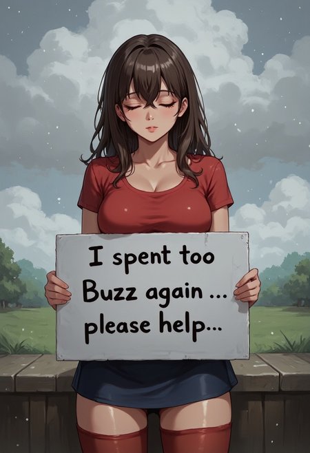 anime, 2d, female, solo, busty, ((red t-shirt)), ((dark blue skirt)), ((red thighhighs)), ((dark brown hair)), (((closed eyes))), standing, wet, soaked, crying, raining, storm, ((long hair)), ((messy bangs)), ((landscape background)), ((holding a white sign with black text that reads "I spent too much Buzz again... please help..." on it))