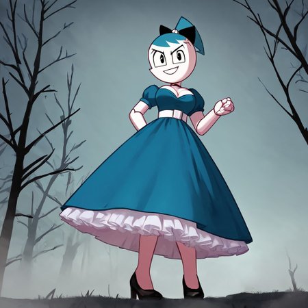 (Masterpiece, best quality:1.2), score_9, score_8_up, flat color, flat shading, soft shading, lighting, Jenny Wakeman as an adult, (((in a 1950's full length formal dark blue dress, a white belt, a fluffy frilly ruffled full white petticoat, and black high heels))), dress, layered petticoat, frilly petticoat, fluffy petticoat, full petticoat, detailed petticoat, wide skirt, detailed outfit, flowing skirt, (((long skirt))), (((solid dark blue colored dress, black high heels))), blue hair, series accurate, cute, best high quality, high res, robot, humanoid robot, (((big breasts, cleavage))), whole body shot, 1girl, (((solo, outside, in a dark creepy forest, at night, heavy fog surrounding her, fog, heavy fog, looking at you, low angle))), (((evil, evil smile, determined evil eyes, posing gracefully and evilly))), low angle shot, cartoon, cartoon style, vector, solo, circle dress, 1950s, dance dress jenny, jenny wakeman, 1girl, solo, robot joints, black eyes, white skin, ponytail, hair bow, blue rose chest corsage, poofy dress, blue hair, flat lighting,
