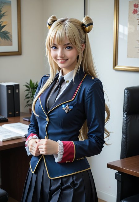 <lora:leila_malcal_CGA_pony:1>leila malcal, military uniform, hair accessories, 1girl, solo, bangs, long hair, blue eyes, pleated skirt, blonde hair, very long hair, purple eyes, necktie, office, hair bun, double bun,  cheerful, smile, cowboy shot, standing  looking at viewer,  <lora:Add_more_details_pony:0.8> black stocking, zettai ryouiki, proportional body, frilled sleeves, photorealistic, Japanese girl