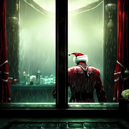 santa looking in through a window, as seen from inside a cosy living room, rain, night, 8k, photo, hyper detailed, by HorrorByDave
