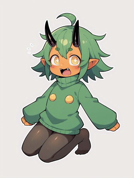 score_9, score_8_up, score_7_up, score_6_up, score_5_up, score_4_up, BREAK, source_cartoon, source_anime,
1girl, solo, (teal, green poncho, green dress, black pantyhose, ribbed tights, no shoes)
((sweater-dress)), (((pantyhose))), ((no-shoes)), ((messy-hair)), <lora:OgerXL-15:0.75> ogerpon, fangs, personification, green hair, messy hair, short hair, ahoge, black horns, blush stickers, yellow eyes, colored skin, orange skin, pointed ears, oni, little girl, flat chest
paw pose, open mouth, jaws