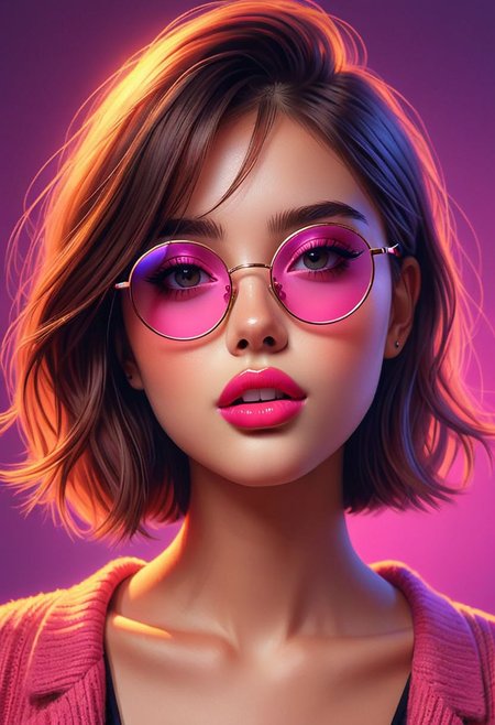 22 year old girl,
oversized round glasses. 
shy appearance,  big and
expressive eyes, 
her lips pouty with a shine. 
distinctive color palette dominated by neon tones, 
subdued lighting casting soft shadows, 
Hyperrealism, 
digital painting 
SunGlass