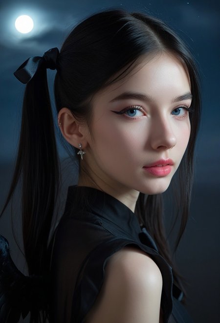 Score_9, score_8_up, score_8, RLSM, Realistic, Realism, Hyper Realistic, aesthetic, 1girl, black hair, black dress, portrait, blue eyes, pale skin, two ponytails with black bows, looking at viewer, ear piercing, half-open mouth, long eyelashes, side view, moonlight, partially illuminated, cross earrings, pink lipstick, black wings