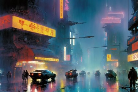 <lora:John Berkey Style:1> John Berkey Style page, cyberpunk cityscape, night, rain, neon lights, neon signs, dirt, garbage, fog, smoke, (masterpiece:1.2), best quality