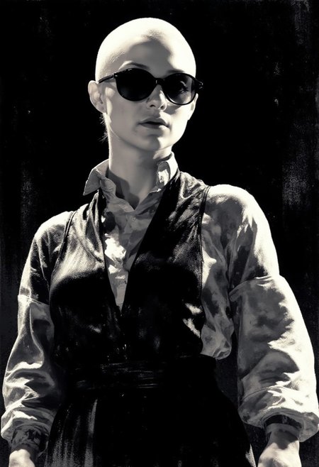 An image of a bald, sensuous female monk in the distinctive Sin City art style.  She is wearing sunglasses that glow with an otherworldly light, reminiscent of the iconic visuals from the Sin City graphic novels and films.  Her gaze is direct and engaging, looking out at the viewer with a sense of confidence and perhaps a hint of menace.  The overall aesthetic is heavily influenced by the Sin City style, characterized by stark contrasts between black and white, with selective use of vibrant color – perhaps the glowing sunglasses or a splash of red – to emphasize key elements.  The monk's sensuality is portrayed subtly, through her posture, expression, and the way her clothing (or lack thereof) drapes on her body, avoiding any overly explicit or exploitative depiction.  The image capture the gritty, crime-ridden world of Sin City, with its dark shadows, stylized violence, and morally ambiguous characters.  The final result is a visually striking and memorable image, capturing the unique blend of pulp fiction, graphic novel aesthetics, and cinematic storytelling that defines the Sin City universe.
sinCity, stylized illustration, brush strokes, sr3fmj