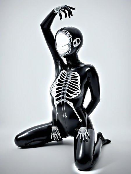 woman arms behind head, body leaning forward slightly, legs crossed, thoughtful and relaxed body language, wearing rubber gimp suit, Abnormal, abstract,x-ray art, <lora:DeconDada++:0.7>