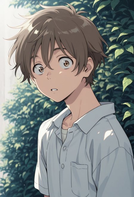 masterpiece,best quality,amazing quality, source_anime, 
shunhashimoto, 1boy, male focus, solo, brown eyes, brown hair, shirt, white shirt, collared shirt, short sleeves, outdoor, portrait, looking at viewer, surprised, parted lips.