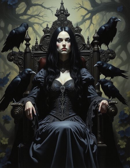 A gothic-looking woman with long black hair, wearing an elaborate dark Victorian-style dress, sitting on an antique wooden throne. She is surrounded by black-plumed crows that seem to guard her. The atmosphere is somber, with dim lighting highlighting her serious and mysterious expression,
and intricate details on her dress. The background has patterns of intertwined branches and dark leaves, suggesting an enchanted forest atmosphere or a forgotten kingdom. <lora:sxz-Dark-Fantasy-v2-Flux:1>