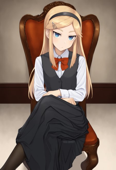 masterpiece, best quality, 1girl,  Kojikira, blonde hair, long hair, blue eyes, hairband, hairclip, red bowtie, black vest, white shirt, black skirt, long sleeves, long skirt, sitting, crossed legs, black pantyhose, looking at viewer, indoors, chair,   <lora:Akira IXL 2  -000012:1>