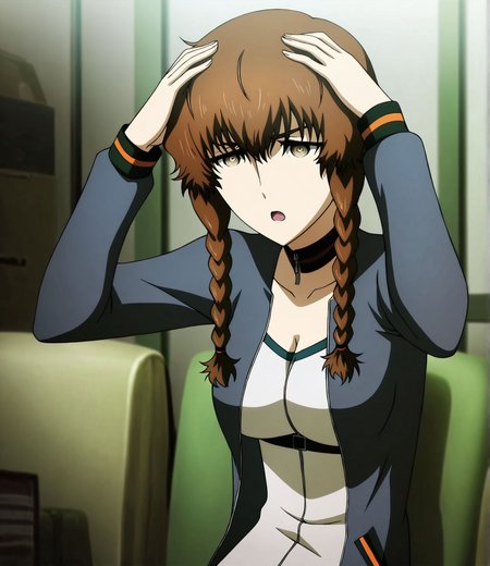 masterpiece, best quality, newest, absurdres, highres, detailed eyes, beautiful, detailed background, perfect eyes, anime coloring, anime screencap,
<lora:My_dad_got_the_MVP:1>My dad got the MVP,
(Raising both own hands with palms open near the head),
1girl,indoors, sitting, serious, open mouth, 
solo,(raising own hands) ,
<lora:suzuha:0.9>,suzuha,1girl,twin braids,brown hair,brown eyes,track jacket,,cleavage,open jacket,
steins;gate, official art,