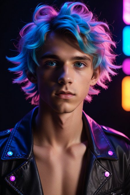 19yo (psychedelic dreamland:1.4) skinny male model twink (candyland:1.4), pink, wild hair, smooth, leather, neon lighting, light-blue-eyes, (Chiaroscuro, Filmgrain, Cinematic LUT), <lora:sdxl_lightning_8step_lora:1>