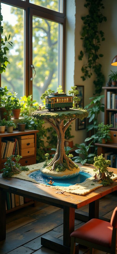 (indoor,very wide isometric view,tilt-shift lens:1.6), (windowless,fna_style,miniature,miniature,diorama,miniature,diorama,PVC,plastic:2),dawn jungle,beach,1930s city with streetcar  at (floating island,levitating  island:1.5) on (table:2) at (attic:2.5)   <lora:Diorama_Flux:1>
 <lora:Fantasy_Novel_Art_Style:1>