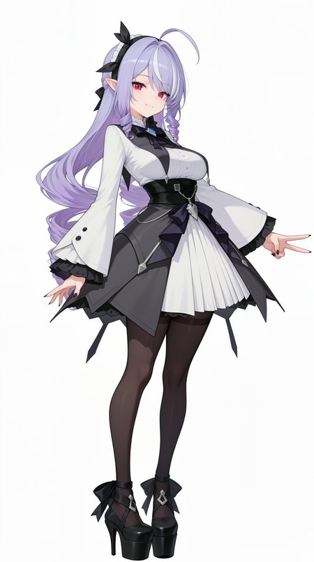 masterpiece, best quality, simple background, white background, amazing quality, very aesthetic, absurdres, best quality, 4k, upscale,    Vivian_zzz, 1girl, long hair, smile, mole under eye, purple hair, multicolored hair,  streaked hair, ahoge,  medium breasts,  red eyes, slit pupils, pointy ears, drill hair, black nails, white dress, long sleeves, bow, hairband,black pantyhose, v, looking at viewer, platform footwear, high heels, black footwear, full body,  <lora:Vivian_ZZZILLUS:1>