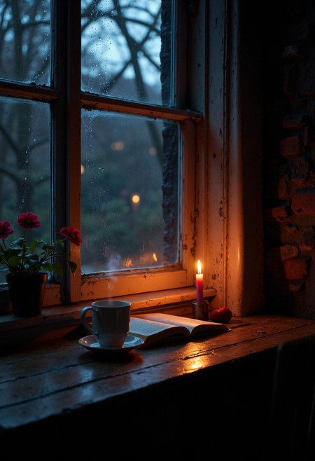 A small, dimly lit room with a single, flickering candle on a wooden table. A cup of steaming tea sits next to an open book, the pages gently rustling in the faint breeze from a nearby window. Soft shadows dance on the walls, and the room feels warm and comforting, evoking a sense of quiet solitude and reflection. Outside the window, raindrops lightly tap against the glass, enhancing the peaceful and introspective mood.   <lora:FluxMythP0rtr4itStyle:0.8> MythP0rt, <lora:ARTifacts:0.66>
