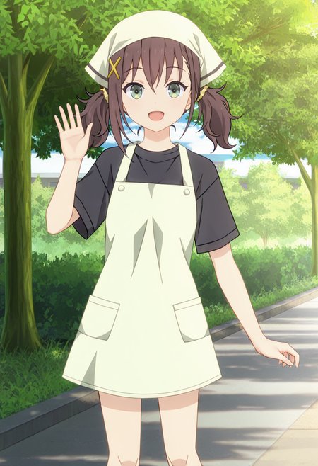 <lora:Kurea FURUTACHI_illustrious-000048:1>,
Kurea FURUTACHI,solo,hair ornament,outdoors,smile,apron,open mouth,looking at viewer,shirt,black shirt,:d,short sleeves,head scarf,tree,hairclip,standing,brown eyes,day,green eyes