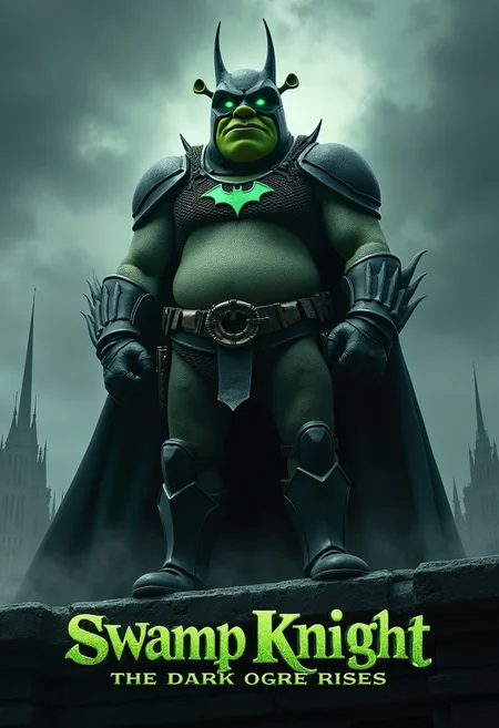 A movie poster, name of the movie is: "Swamp Knight: The Dark Ogre Rises", the title should be 3D and the bottom of the poster, Shrek wearing the Batman armor with his helmet, with a glowing emerald bat emblem, standing tall on a gothic stone ledge under a stormy, a foggy cityscape under a stormy overcast sky, haunting atmosphere.